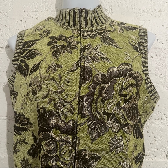 Christopher & Banks Womens Full Zip Sweater M Green Sleeveless Floral Tapestry O - Picture 2 of 5